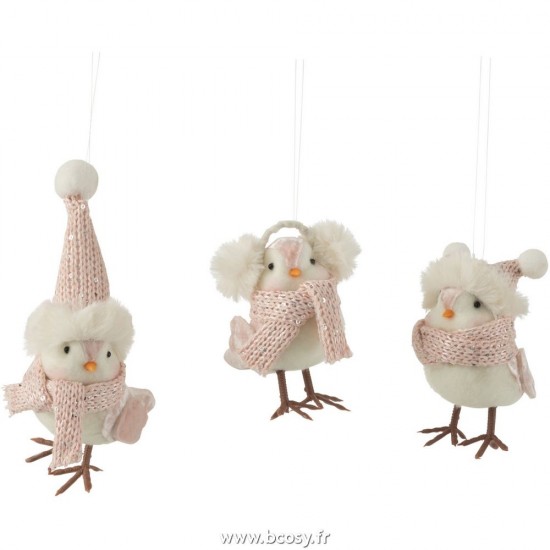 J Line Suspsension Oiseau Textile Blanc Rose Clair L22xB10xH12 cm Jline 27311 by Jolipa 27311 Assortiment de 3 pcs