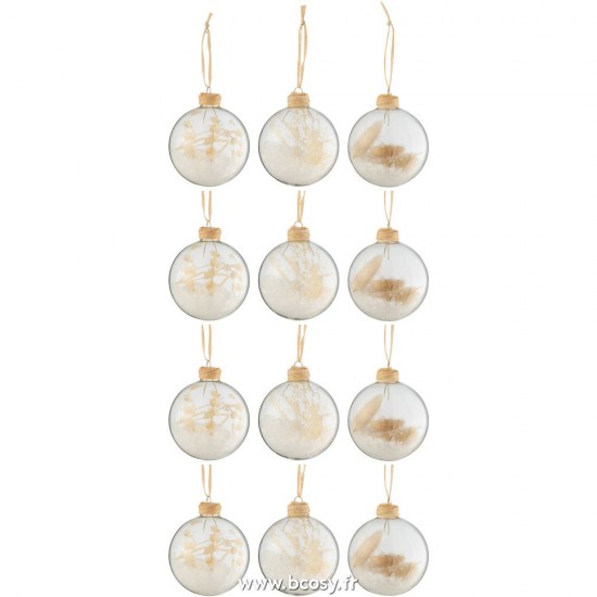 J Line Boite 12 Boules De Noel 4+4+4 Brindilles Sechee Beige Verre Transparent L8xB8xH8 cm Jline 27702 by Jolipa 27702