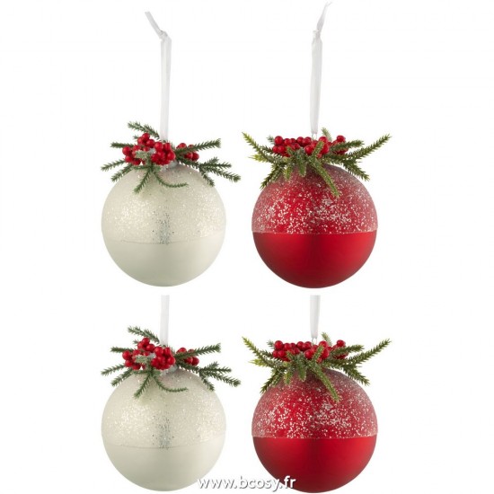J Line Boite 4 Boules De Noel Deco Noel + Baies Givre Blanc Rouge Small L10xB10xH10 cm Jline 27708 by Jolipa 27708
