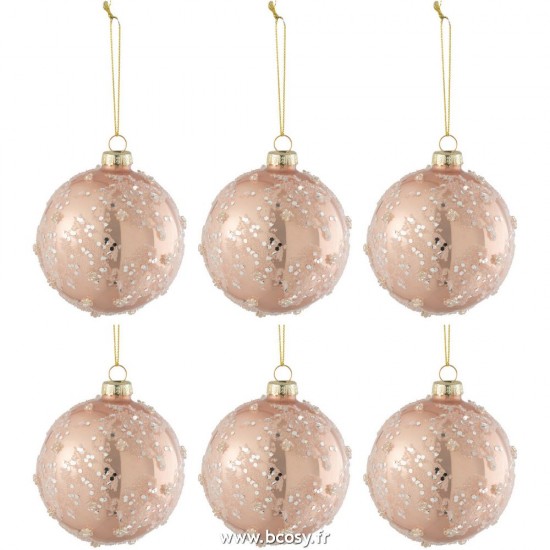 J Line Boite 6 Boules De Noel Givre Argent Paillettes Verre Mat Brillant Rose Clair Small L8xB8xH8 cm Jline 27718 by Jolipa 27718