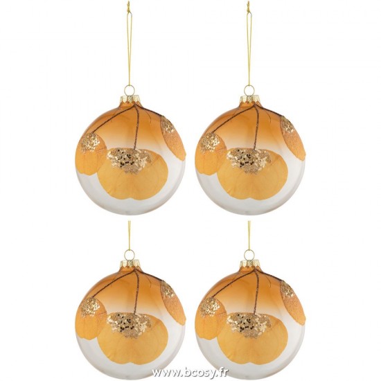 J Line Boite 4 Boules De Noel Feuille Sechee Ocre + Pailettes Verre Transparent Medium L10xB10xH10 cm Jline 27729 by Jolipa 27729