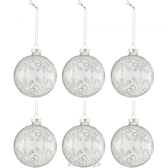 J Line Boite 6 Boules De Noel Sequins Argent Verre Transparent Small L8xB8xH8 cm Jline 27737 by Jolipa 27737