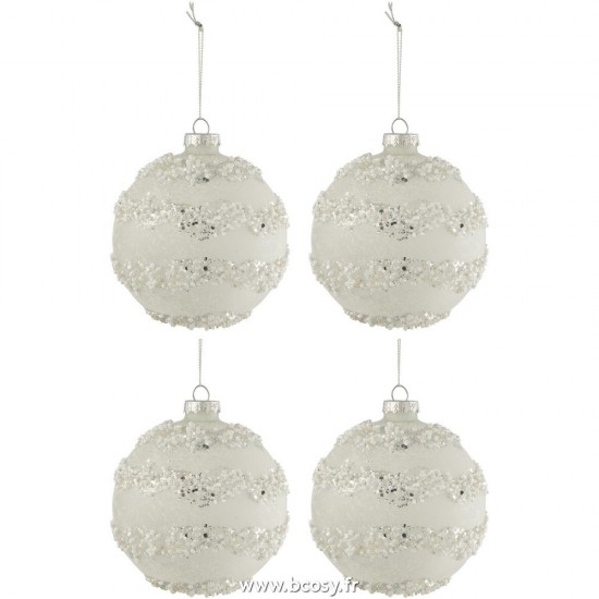 J Line Boite 4 Boules De Noel Lignes Paillettes + Perles Blanc Argent Verre Mat Blanc Medium L10xB10xH10 cm Jline 27741 by Jolipa 27741