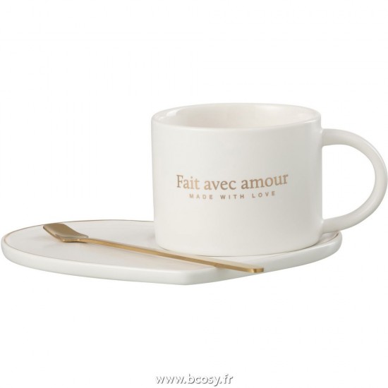 J-Line tasses de cafe Jolipa J Line Jline Tasse Soucoupe Cuillere Coeur Porcelain Francais Blanc