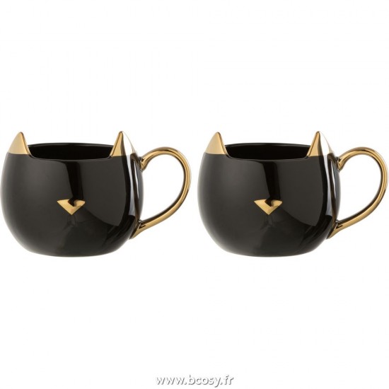 J Line Boite De 2 Mug Chat Porcelain Noir Or L10xB8xH9 cm Jline 27909 by Jolipa 27909