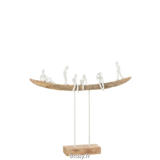 J-Line J Line personnes statuettes Jolipa Personnage Deco Sur Banc Bois Metal Blanc Naturel Large.