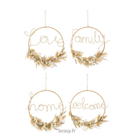 J Line Suspension Couronne Fleurs Sechees Mots Naturel L26xB22xH2 cm JLine 32972 by Jolipa 32972 Assortiment de 4 pcs.