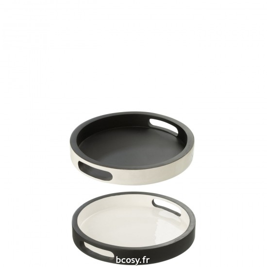 J Line Tray Vik Wood Black White L33xB33xH5 cm JLine 34492 by Jolipa 34492 Assortiment de 2 pcs.