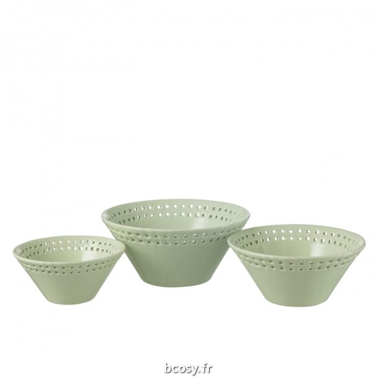 J-Line J Line bols a petit dejeuner Jolipa Set 3 Bols Cermaique Vert Small Medium Large.