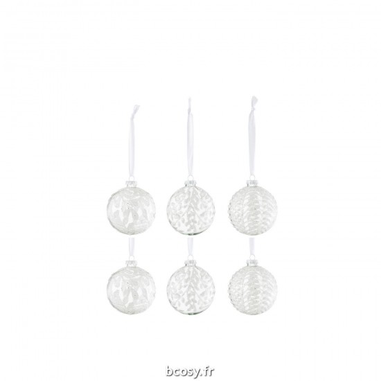J Line Boite De 6 Boule De Noel 2 2 2 Feuilles Paillettes Verre Blanc Small JLine 37311 by Jolipa 37311.