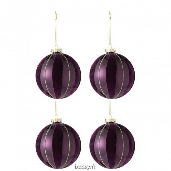 J Line Boite De 4 Boule De Noel Lignes Velours Verre Mauve Or JLine 37360 by Jolipa 37360.