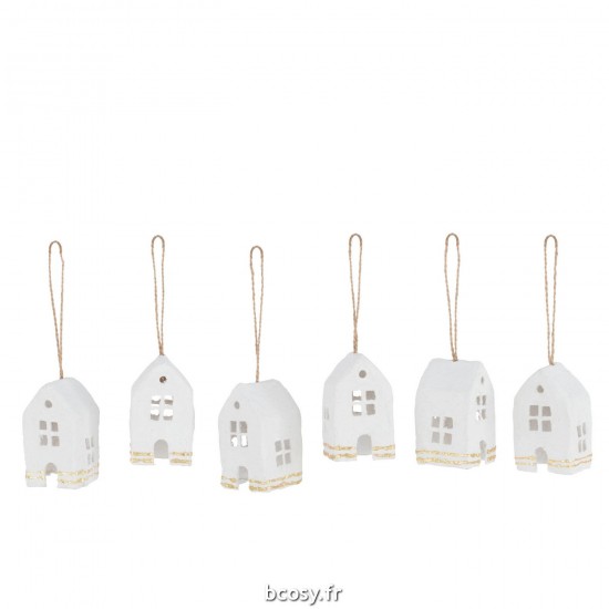 J Line Boite 6 Suspensions Maison Coton Maché Blanc Or JLine 39550 by Jolipa 39550.