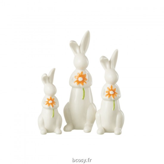 J-Line J Line lapins statuettes Jolipa Set 3 Lapins Fleurs Porcelaine Orange Blanc.