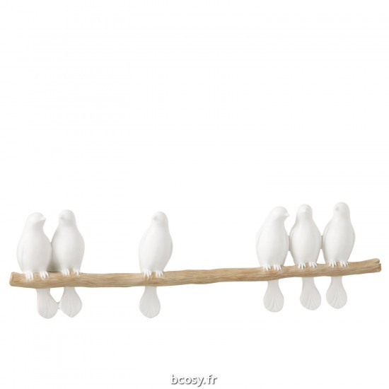 J-Line J Line oiseaux sur pied statuettes Jolipa 6 Oiseaux Sur Branche Polyresine Blanc Naturel.