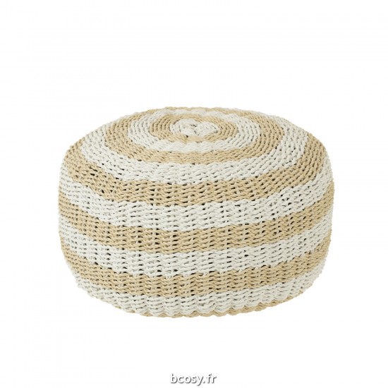 J-Line J Line poufs Jolipa Pouf Rond Rayures Tissage Plastique Blanc Naturel.