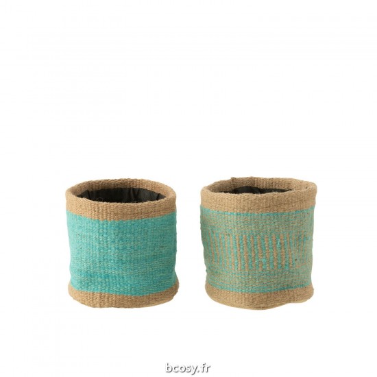 J Line Panier Rond Bande Jute Naturel Azur Medium JLine 41564 by Jolipa 41564 Assortiment de 2 pcs.