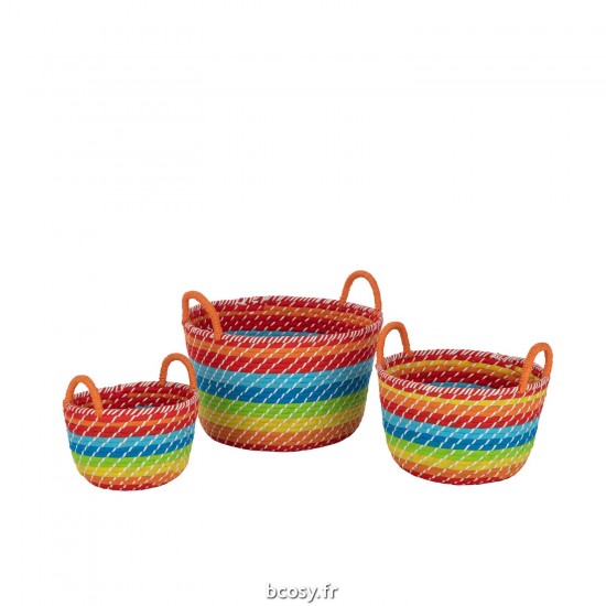 J-Line J Line paniers de rangement Jolipa Set 3 Panier Arc En Ciel Lignes Anses Jonc De Mer Mix.
