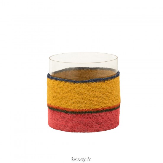 J Line Photophore Rond Lignes Verre Jonc De Mer Jaune Rose JLine 41807 by Jolipa 41807.