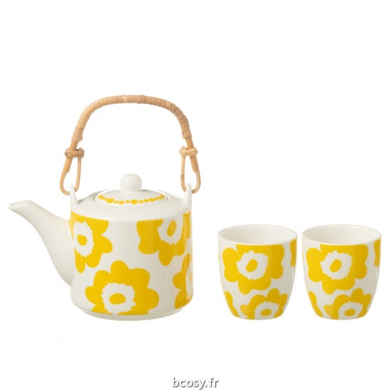 J-Line J Line théières Jolipa Set 3 Theieres Set Fleur Coffret Ceramique Jaune.