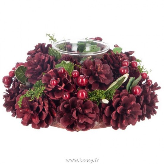 J Line Photophore Pommes De Pin Rouge Baies Rouges Vert Jline 55863 by Jolipa 55863