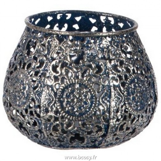 J Line Photophore Conique Oriental Metal Verre Bleu Fonce Argent Small Jline 56606 by Jolipa 56606