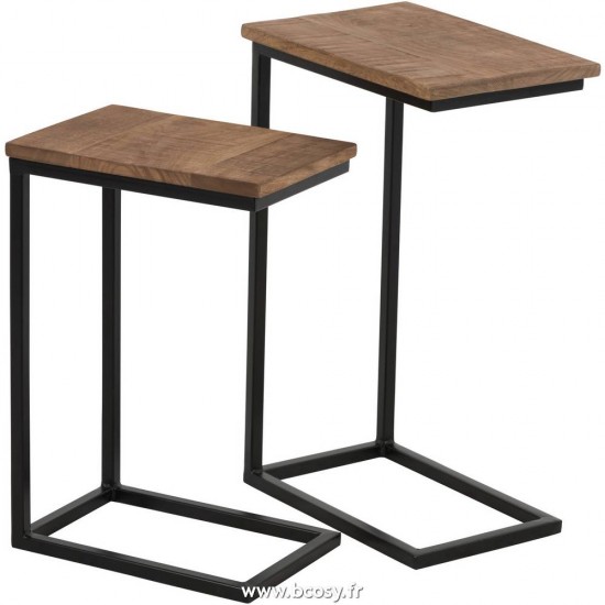J-Line tables d appoint bouts de canapé Jolipa Jline Set De 2 Table Gigogne Rectangulaire Metal Bois Noir Naturel