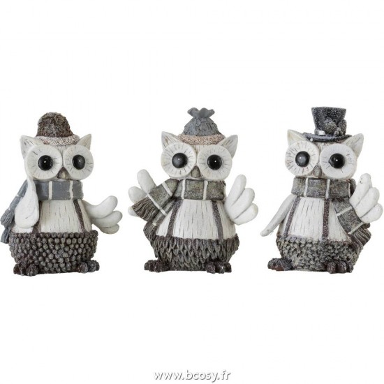 J-Line rien vu rien entendu rien dit statuettes Jolipa Jline Hibou Resine Blanc Marron Large Assortiment De 3