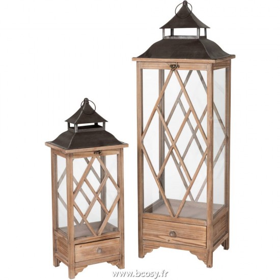 J-Line lanternes photophores Jolipa Jline Set De 2 Lanterne Losanges Bois De Sapin Metal Marron Clair Noir