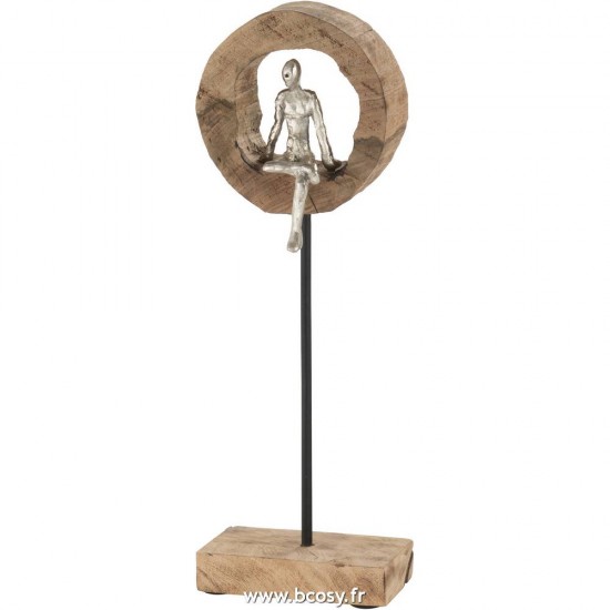 J-Line hommes pensants penseurs statuettes Jolipa Jline Personnage Pensif Cercle Haut Bois De Manguier Aluminium Naturel Argent