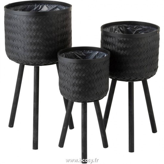 J-Line cachepots de fleur Jolipa Jline Set De 3 Cachepot 3 Pieds Bambou Plastique Noir