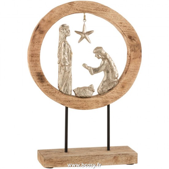 J-Line crèches de Noël Jolipa J Line Jline Creche Dans Un Cerc Sur Pied Aluminium Bois De Manguier Naturel Argent