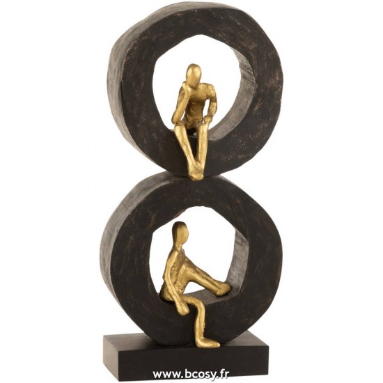 J-Line hommes pensants penseurs statuettes Jolipa J Line Jline Personnages 2 Reflechissant Cercle Bois De Manguier Aluminium Noir Or