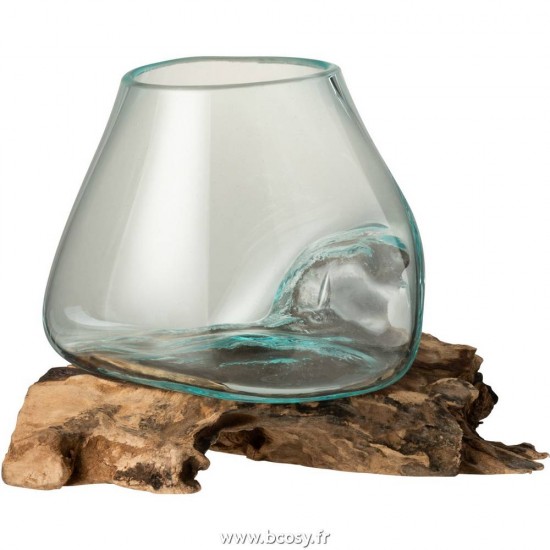 J-Line vases Jolipa Jline Vase Sur Pied Gamal Bois Verre Recyclé Naturel Transparent Large