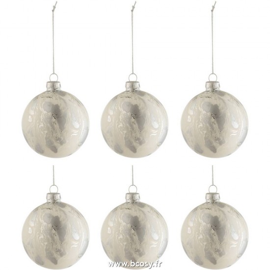 J-Line boules de noel Jolipa J Line Jline Boite De 6 Boules De Noel Marbre Verre Blanc Argent Small