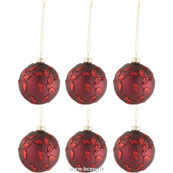 J-Line boules de noel Jolipa J Line Jline Boite De 6 Boules De Noel Feuilles Paillettes Rouge Noel Mat Small