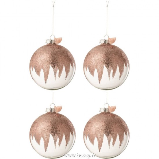 J-Line boules de noel Jolipa J Line Jline Boite De 4 Boule De Noel Paillettes Mini Floches Rose Verre Transparent Large