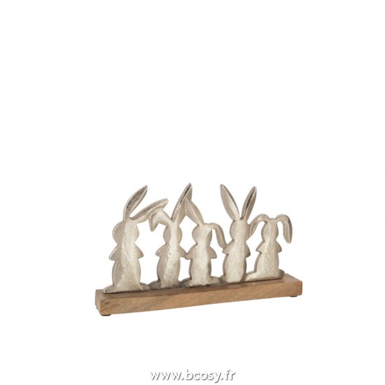 J-Line animal animaux statuettes Jolipa J Line Jline Lapins En Rang Bois De Manguier Metal Argent Naturel