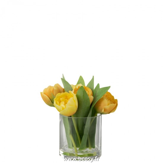 J-Line plantes en pot Jolipa J Line Jline Tulipes En Vase Rond Plastique Verre Jaune Small