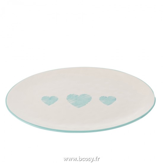 J-Line plats Jolipa J Line Jline Plat Ovale Motif Coeurs En Ceramique Blanc Bleu