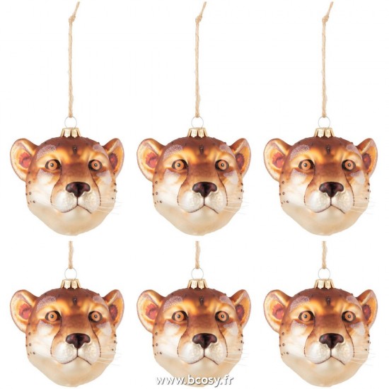 J-Line boules de noel Jolipa J Line Jline Boite De 6 Boules De Noel Petite Tete De Lion Verre Brun Mix