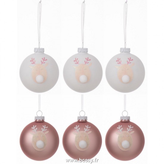 J-Line boules de noel Jolipa J Line Jline Boite De 6 Boules De Noel3 3 Renne Verre Rose Clair Blanc Small