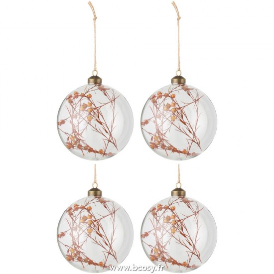 J-Line boules de noel Jolipa J Line Jline Boite De 4 Boules De Noel Fleurs Sechees Rouille Verre Transparant Large