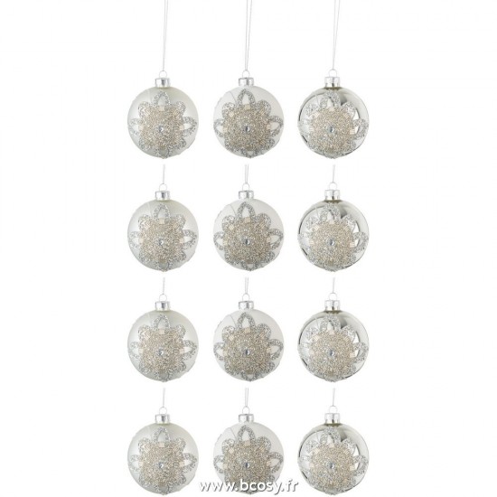 J-Line boules de noel Jolipa J Line Jline Boite De 12 Boules De Noel 4 4 4 Ornement Perles Verre Mat Blanc Mat Argente Brillant Argente Small