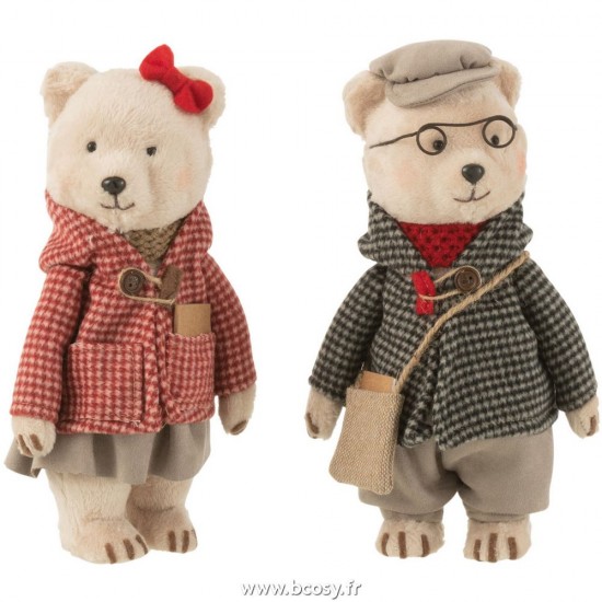 J-Line ours en peluche peluches Jolipa J Line Jline Ours Debout Garcon Fille Textile Gris Rouge Small Assortiment De 2
