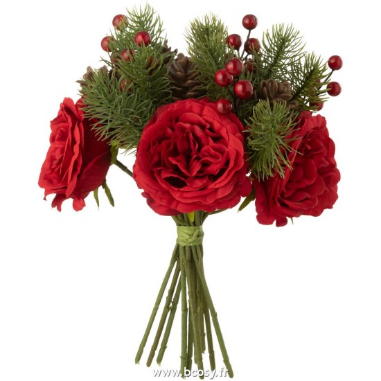 J-Line bouquets de fleurs Jolipa J Line Jline Bouquet Roses Baies Branche De Pin Plastique Rouge Vert Large