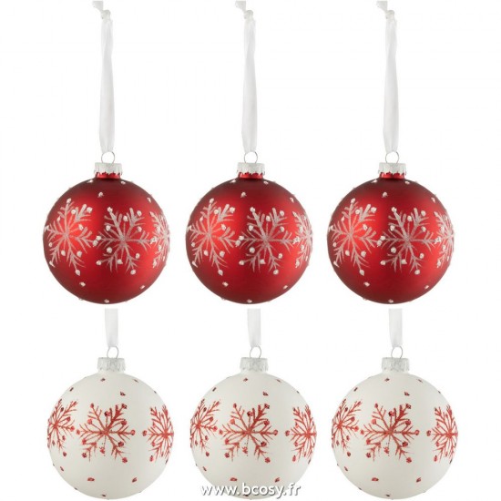 J-Line boules de noel Jolipa J Line Jline Boite 6 Boules De Noel Flocons De Neige Paillettes Verre Blanc Rouge Small
