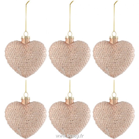 J-Line boules de noel Jolipa J Line Jline Boite 6 Boules De Noel Coeur Paillettes Verre Brillant Rose Clair Small