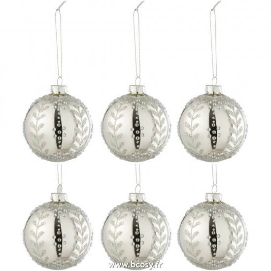 J-Line boules de noel Jolipa J Line Jline Boite 6 Boules De Noel Feuilles Paillettes Verre Brillant Argent Small