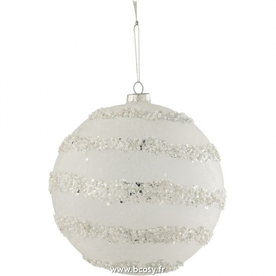 J-Line boules de noel Jolipa J Line Jline Boule De Noel Lignes Paillettes Perles Blanc Argent Verre Mat Blanc Extra Large