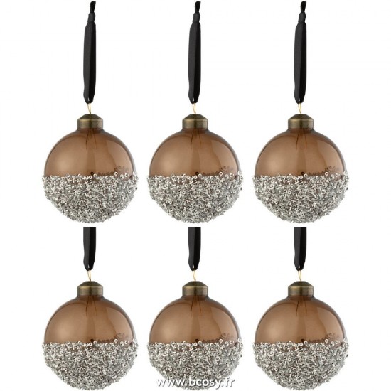 J-Line boules de noel Jolipa J Line Jline Boite 6 Boules De Noel Perles Argent Verre Marron Small